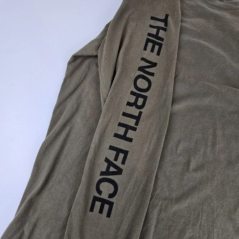 The North Face Mens Large Long Sleeve T Shirt Olive Green Logo Sleeve Graphic